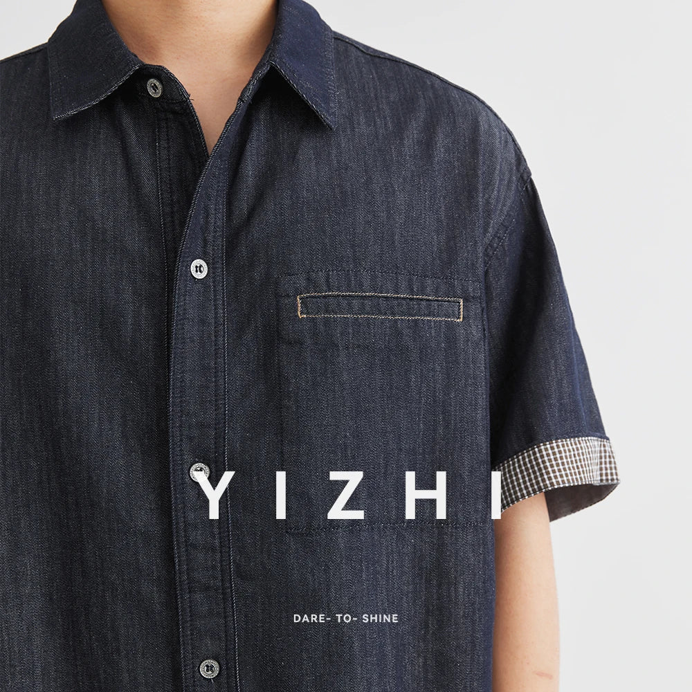 Männer Denim Anzug mit Revers Kurzarm Shirt und Shorts im Casual-Stil
