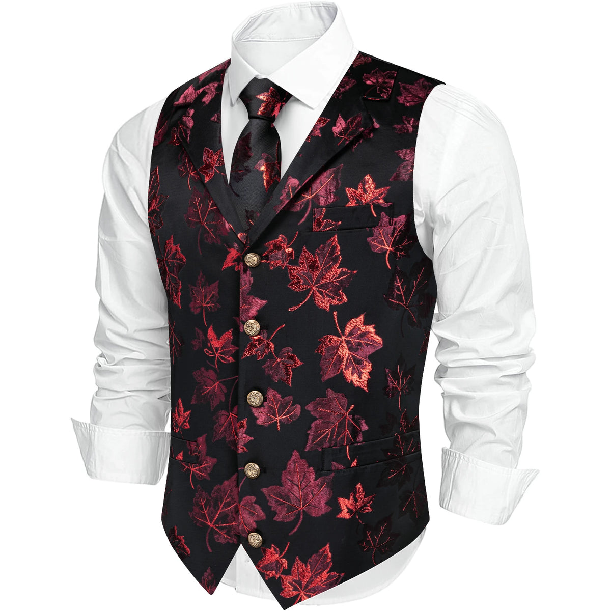 Herrenweste mit Jacquard-Ahornblattmuster in Schwarz und Rot, Revers und Knopfleiste