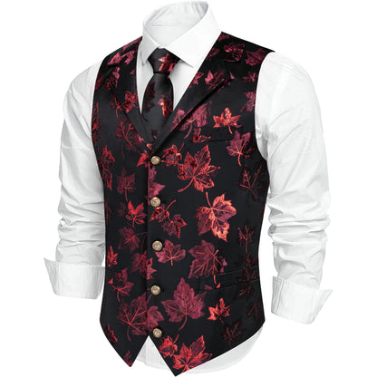 Herrenweste mit Jacquard-Ahornblattmuster in Schwarz und Rot, Revers und Knopfleiste