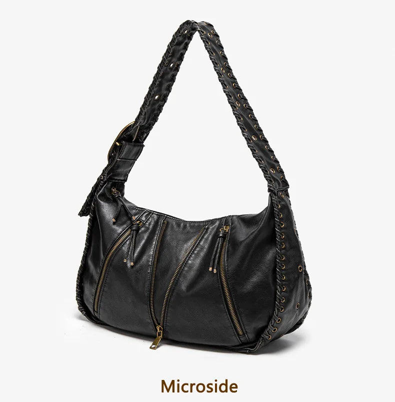 Damen-Hobo-Handtasche Vintage-Stil aus weichem Kunstleder mit geflochtenem Tragegurt und Mehrfach-Reißverschlussfächern
