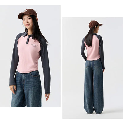 Semir Poloshirt für Damen, kurzer Stil, schmal, farbblockiert, Raglanärmel, 2024, Frühjahr, neues Oberteil mit Buchstabendruck