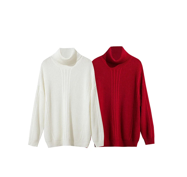 Damen-Rollkragenpullover Wolle lang locker Retro Winter