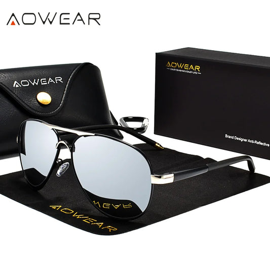 Pilot-Sonnenbrille AOWEAR mit spiegelnden silberfarbenen Gläsern, schwarzem Rahmen