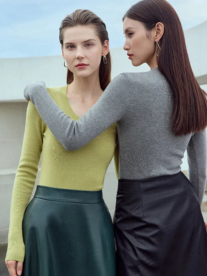 Gelbgrüner Damen-Strickpullover mit langen Ärmeln und V-förmigem Ausschnitt