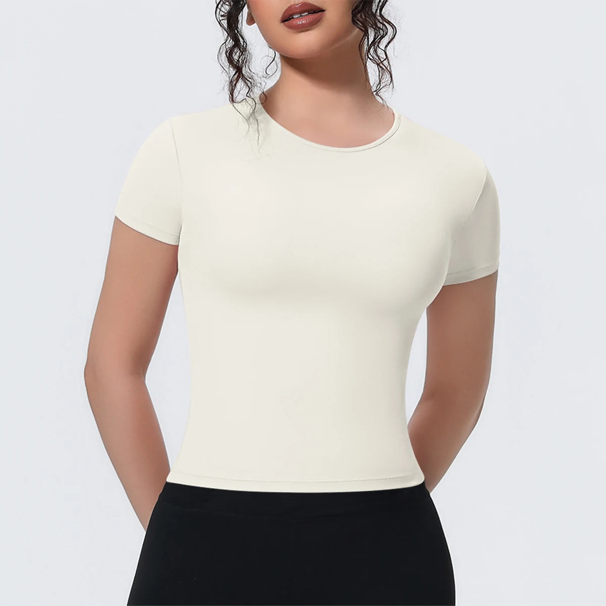 Damen Yoga-Shirt mit Rundhalsausschnitt, kurzarm, eng anliegend, hellbeige