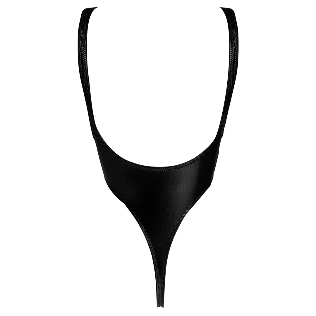 Damen Badeanzug PU-Kunstleder schwarz glänzend Cut-Out Tanga Monokini