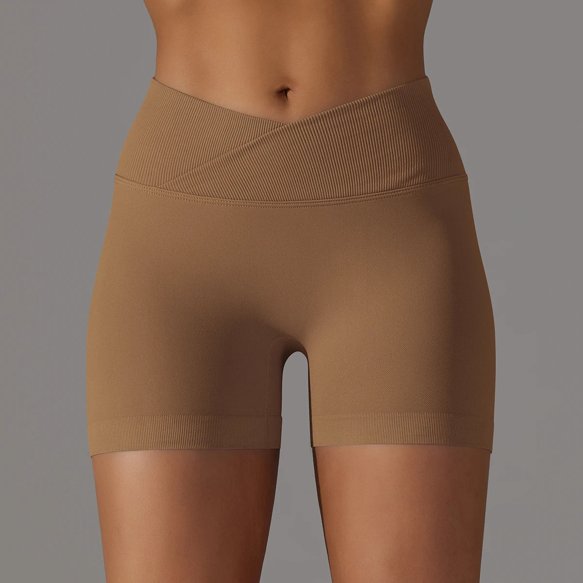 Nahtlose Damen-Yoga-Shorts mit PushUp, hohe Taille, beigebraun