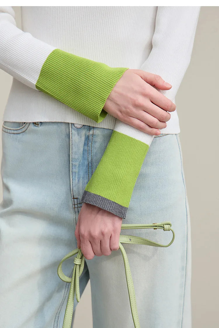 Damen-Rundhalspullover Kontrastfarben Knopfleiste Slim Lyocell Frühling