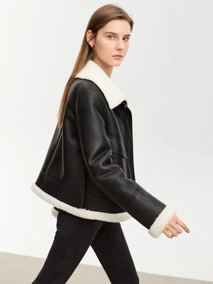 Damen Winterjacke aus PU mit Taschen im französischen Vintage-Stil