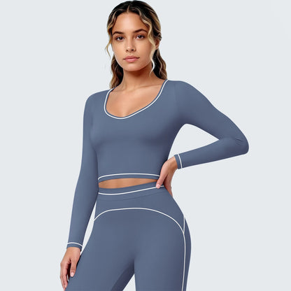 Damen Yoga-Langarmshirt, blau-grau mit V-Ausschnitt, schmalen Bündchen und Nahtlinien