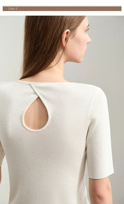 Damen-Rundhalspullover Wolle-Seide Aushöhlung Slim Kurzarm Pendler Sommer