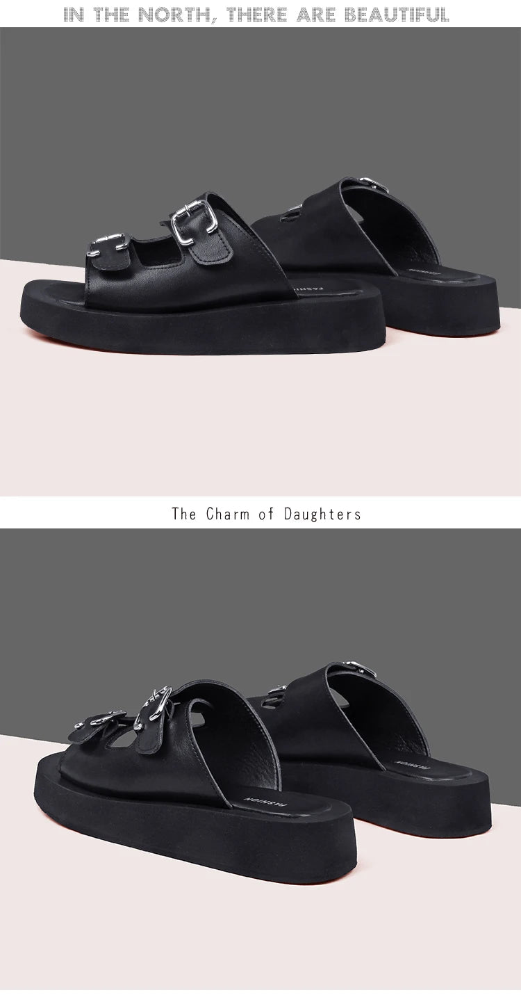 2025 frauen Hausschuhe Sommer Echtes Leder Rutschen Frauen Fashion Square taste Flache Sandalen Damen Outdoor Casual Flip-Flops