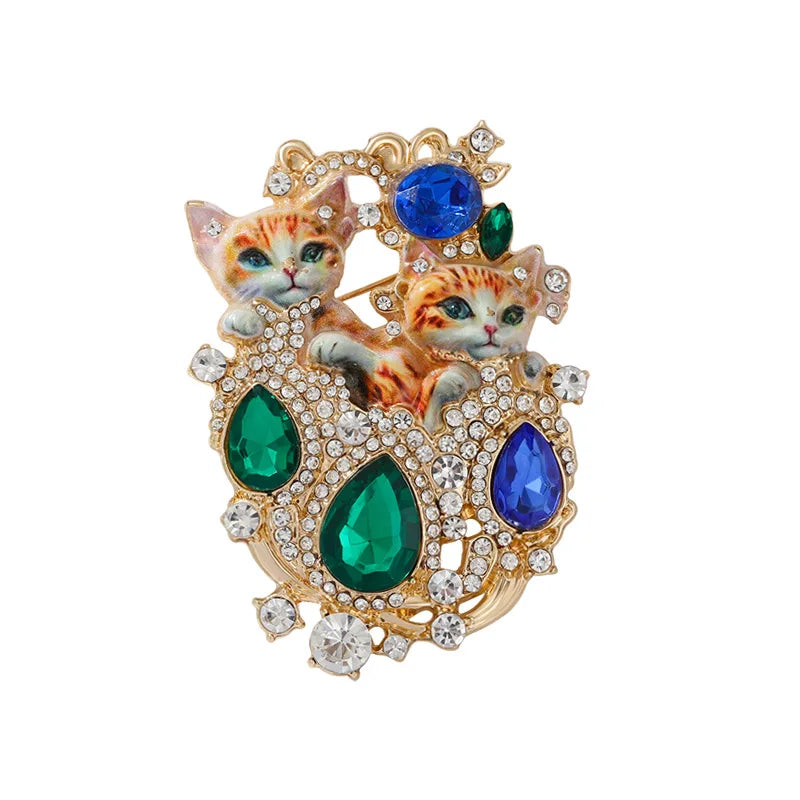 Brosche Katze Kätzchen Kristall Emaille Barock Vintage Anstecknadel Damen