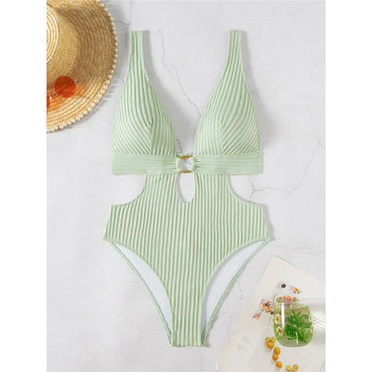 Damen Badeanzug tiefer V-Ausschnitt Cut-Out Monokini hoher Beinausschnitt 8 Farben