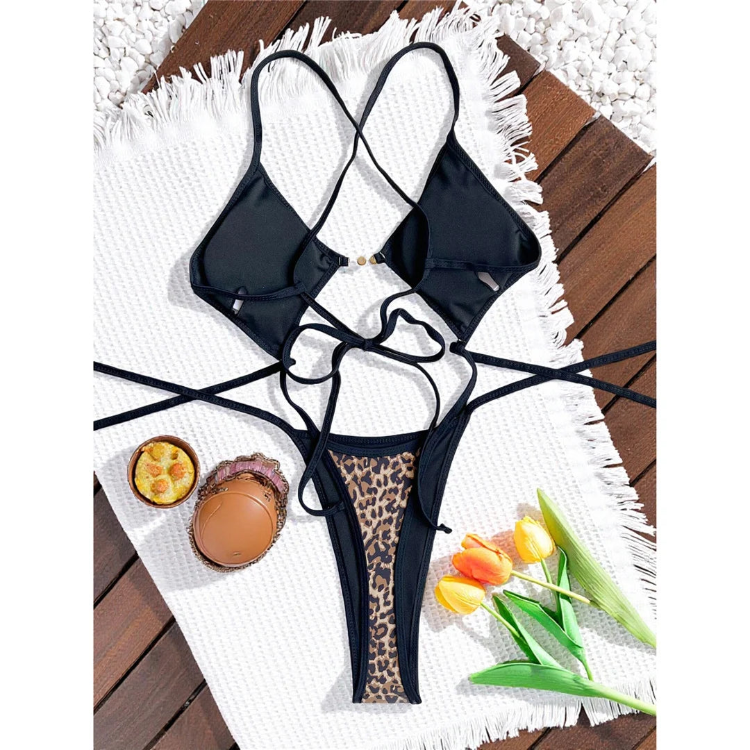 Damen-Badeanzug Leopard Micro-Tanga Weste High-Leg gepolstert