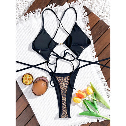 Damen-Badeanzug Leopard Micro-Tanga Weste High-Leg gepolstert