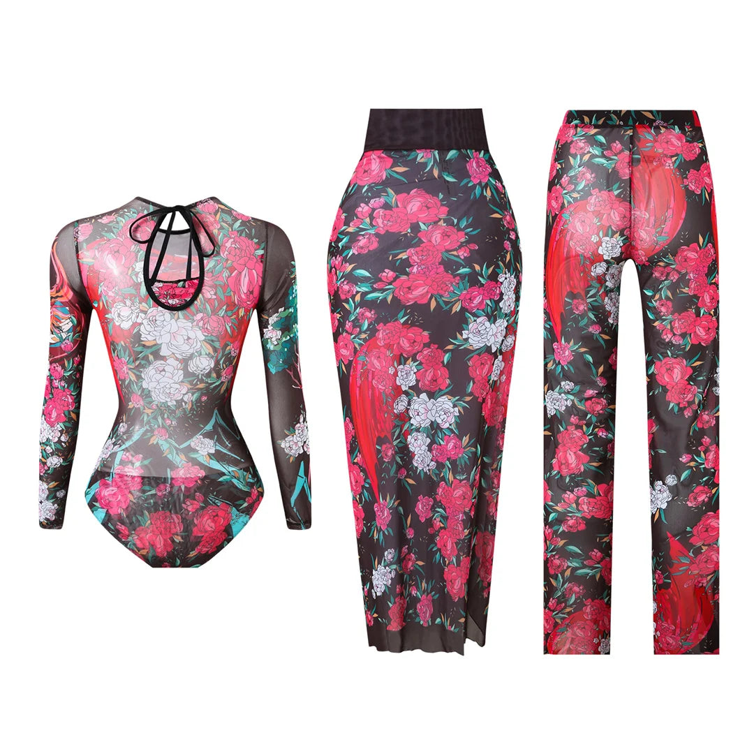 Damen-Badeanzug 3-teilig Print Langarm Sarong-Set gepolstert