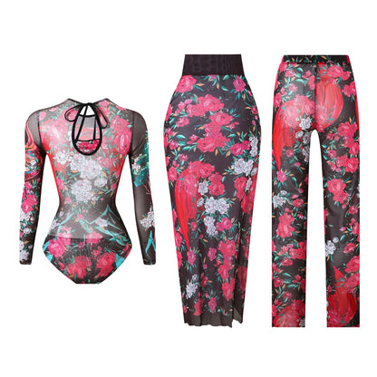 Damen-Badeanzug 3-teilig Print Langarm Sarong-Set gepolstert