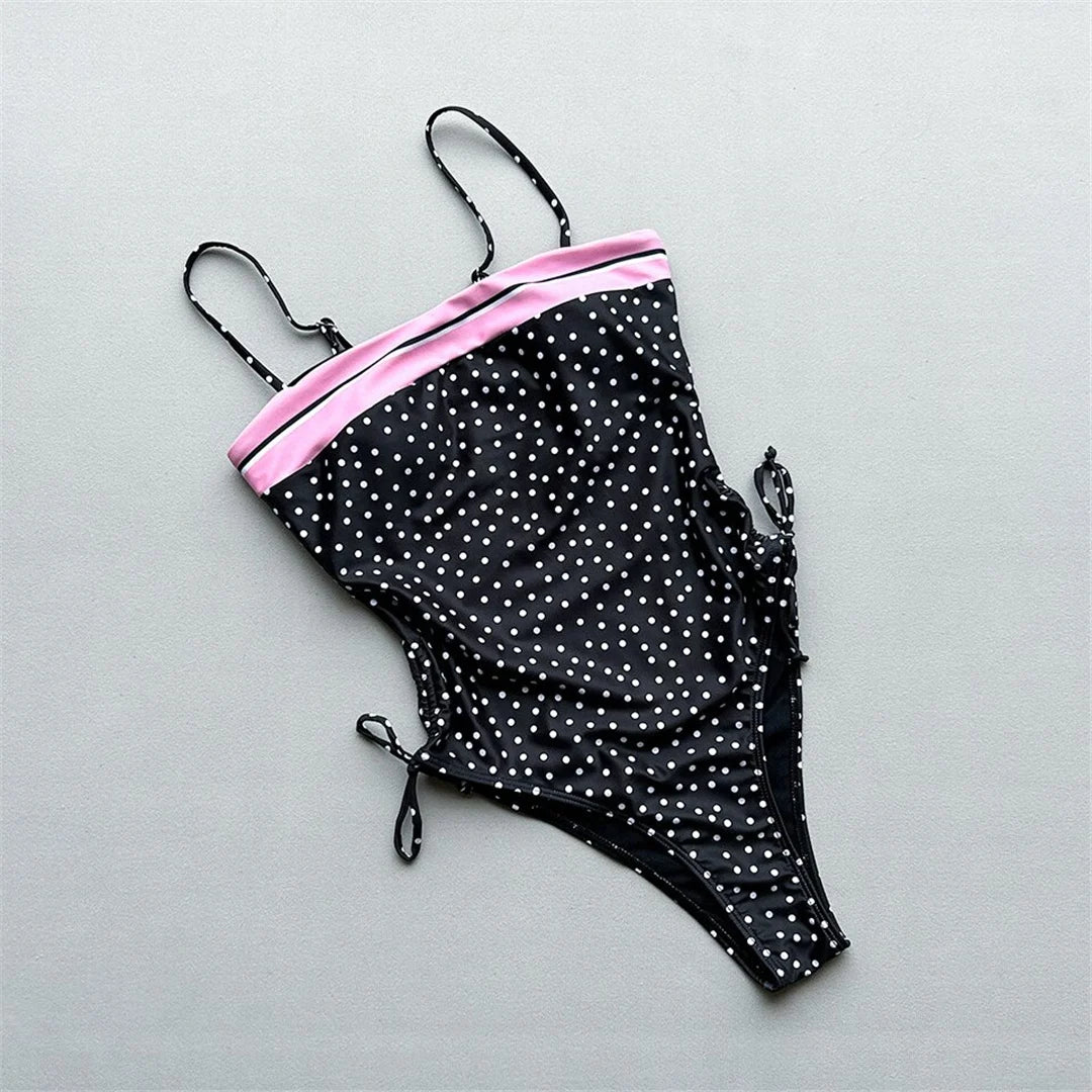 Damen Badeanzug Punkte Spleiß Schnürung hoher Beinausschnitt Monokini