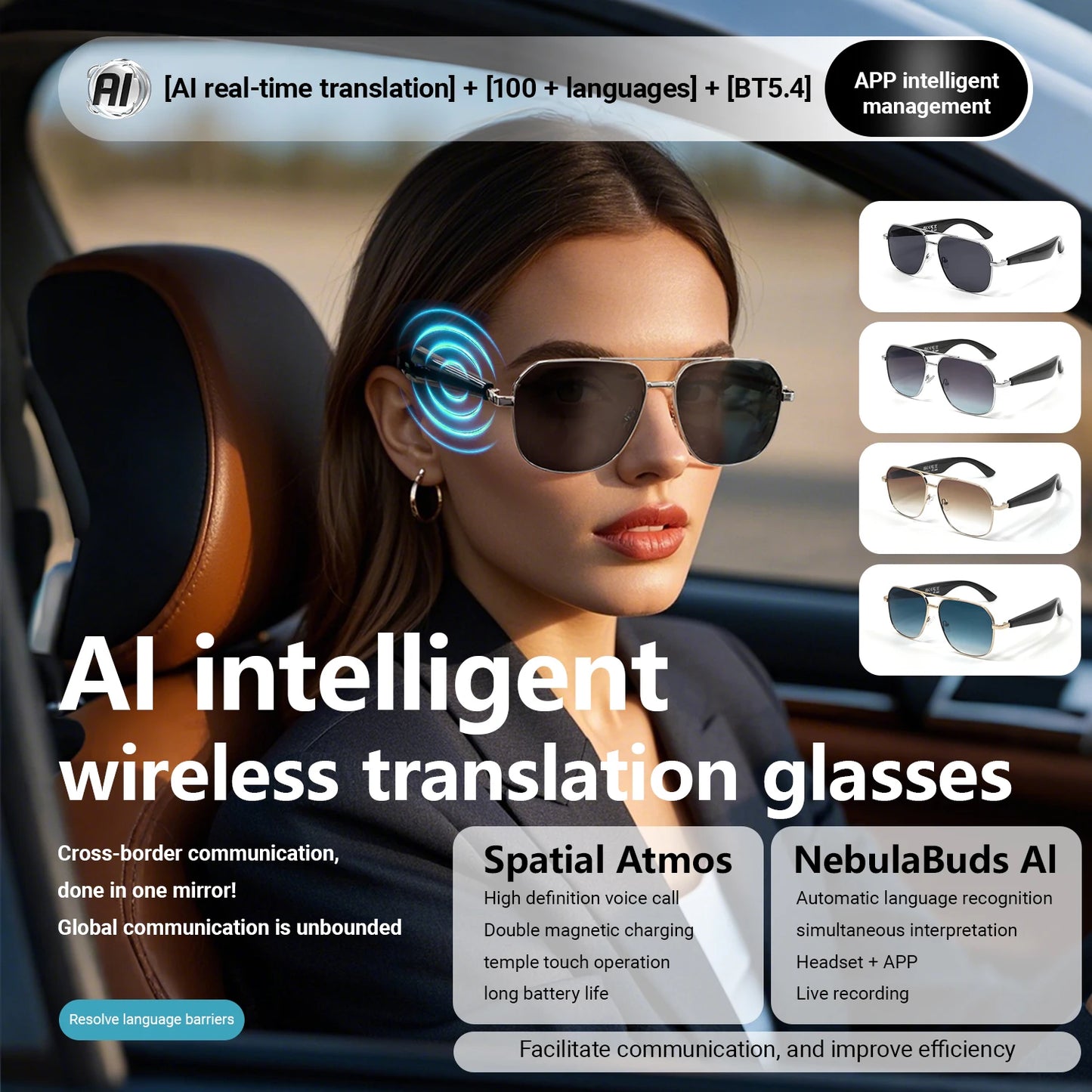 LIGE Intelligente Bluetooth-Brille AI Intelligente Übersetzung Echtzeit-Simultan-Interpretation Headset Drahtlose Anruf-Sonnenbrille