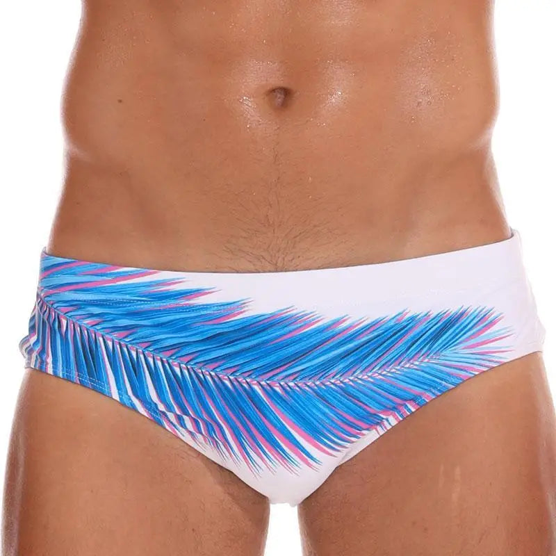 Herren-Schwimmshorts weiß mit blau-pinkem Palmenblatt-Print