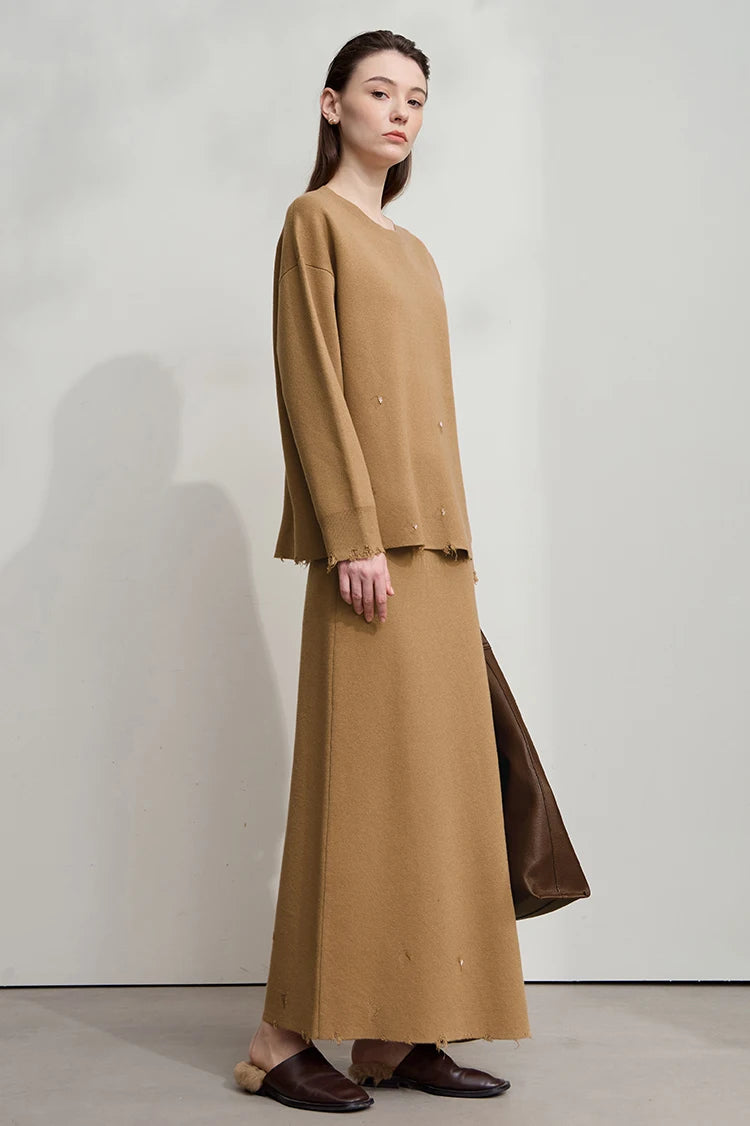 Damenpulloverkleid, einfarbig braun, Rundhalsausschnitt, lange Ärmel