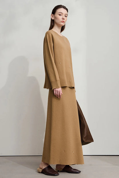 Damenpulloverkleid, einfarbig braun, Rundhalsausschnitt, lange Ärmel