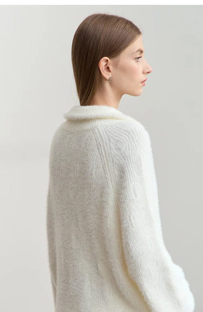 Damen-Rollkragenpullover Reißverschluss Nerz-Optik locker Winter