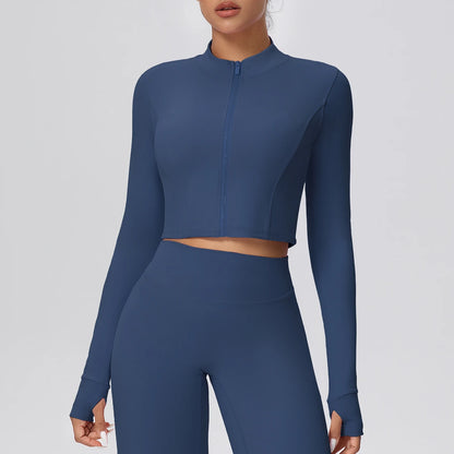 Damen Sportjacke mit kurzem Schnitt, Reißverschluss vorn, lange Ärmel, dunkelblau