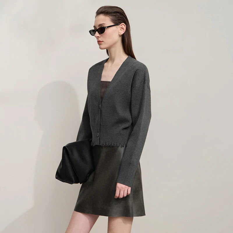 Damen-Strickjacke V-Ausschnitt kurz Quaste locker Langarm Herbst
