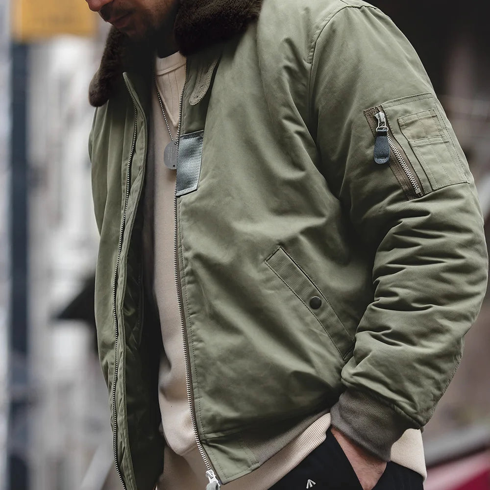 Herren Bomberjacke Vintage Kunstkaninchenfell Revers Signatur-Armtasche Winter