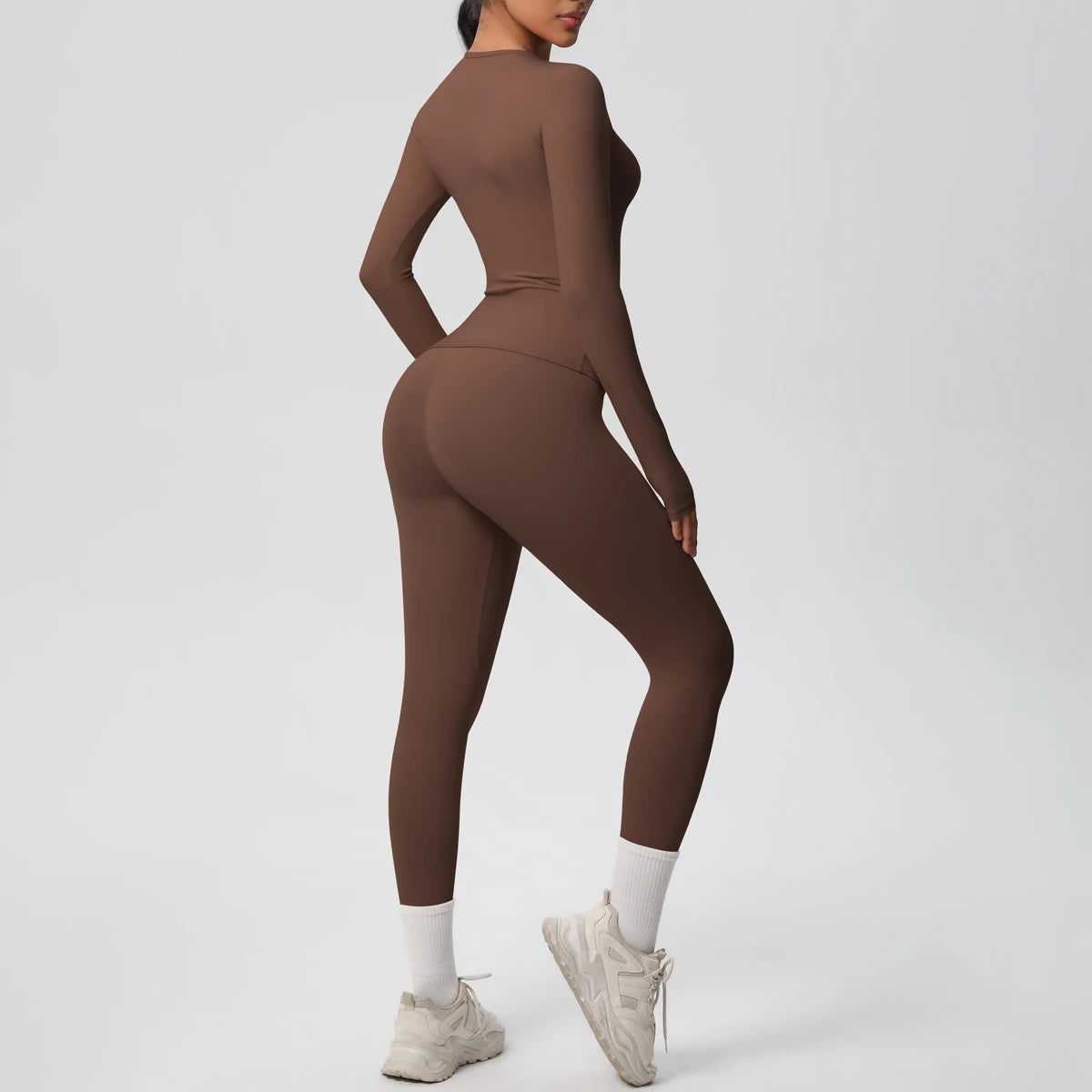 Gym-Leggings-Set, langarm, braun, figurbetont mit kurzem Beinabschluss und Bündchen