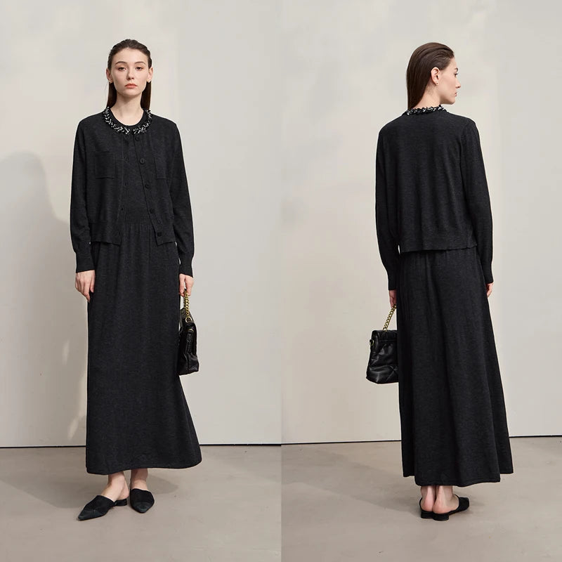 Damen-Strickjacke ärmellos lang Rundhals einfarbig elegant Herbst