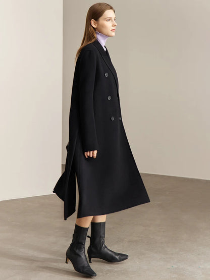Damen Wollmantel im minimalistischen Stil mit zweireihigem Knopfverschluss