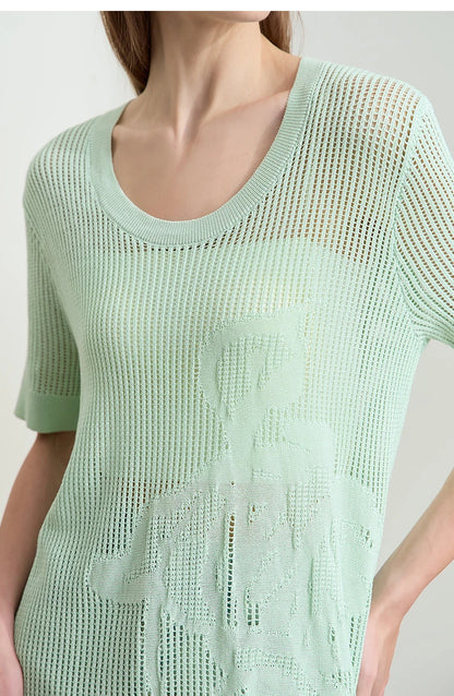 Damenpullover mintgrün, kurzarm, U-Boot-Ausschnitt, Strickstruktur mit Lochmuster-Feldern