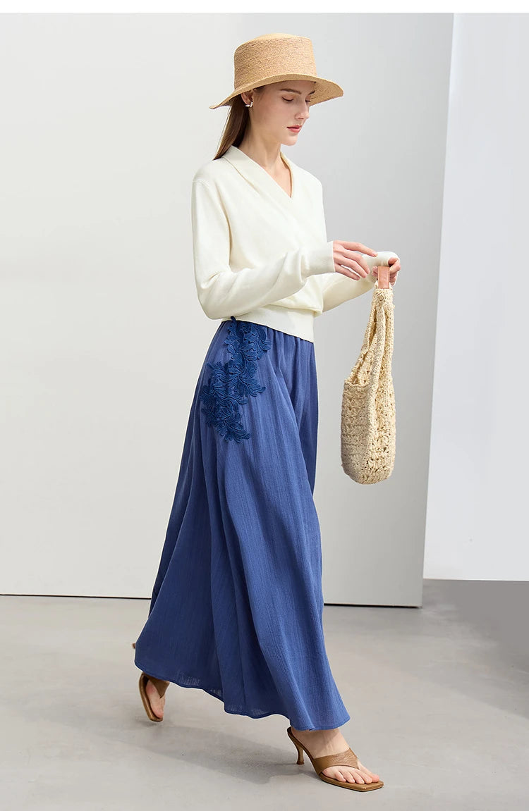 Damen-Strickpullover mit V-Ausschnitt, langarm, cremeweiß, Wickeloptik mit Saumbündchen