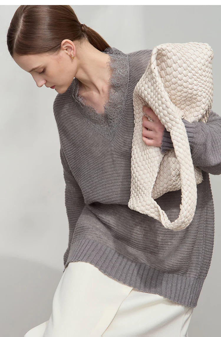 Damen V-Ausschnitt Pullover Mohair Spitze locker mittellang Frühling