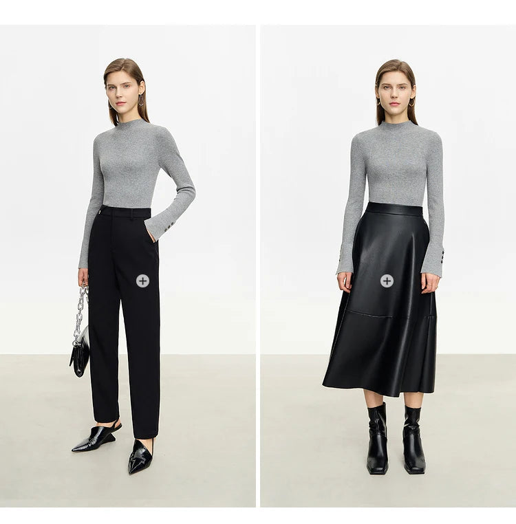 Grau melierter Damen-Strickpullover mit Stehkragen, Schlitzbündchen und schmalem Schnitt