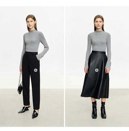 Grau melierter Damen-Strickpullover mit Stehkragen, Schlitzbündchen und schmalem Schnitt