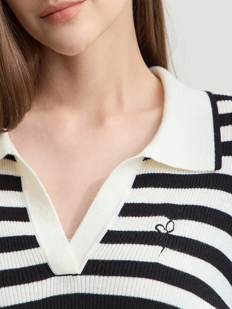 Damen V-Ausschnitt Pullover Streifen Stickerei Polo Kontrastfarben Herbst