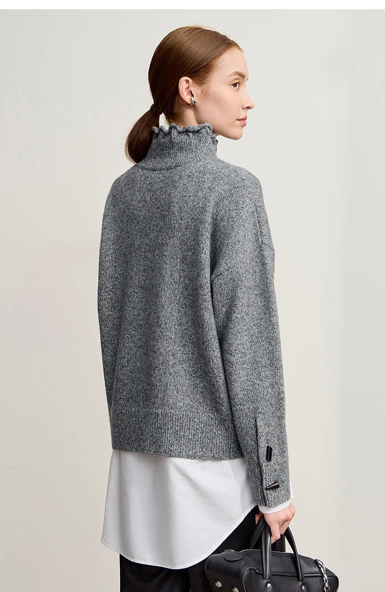 Damen-Rollkragenpullover locker Knopf Raglanärmel Winter