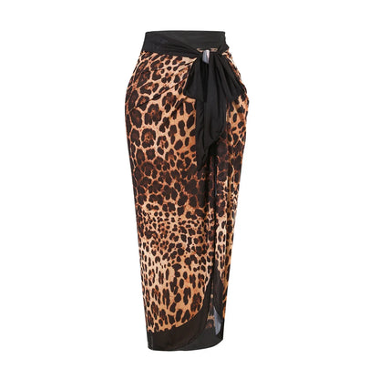Damen Badeanzug Leopardenmuster Rock Langarm Einteiler hoher Beinausschnitt