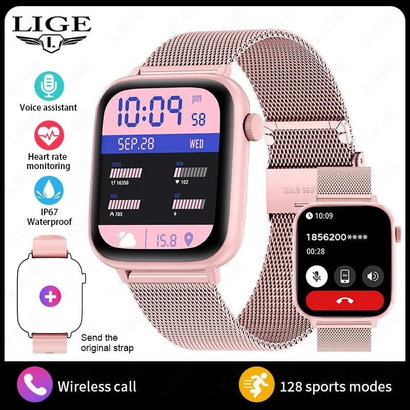 LIGE 2024 Männer Frauen Smart Uhr 1,83 Zoll Bluetooth Sprachanrufe Armband Informationen Warnungen Fitness Smartwatch Für IOS Android