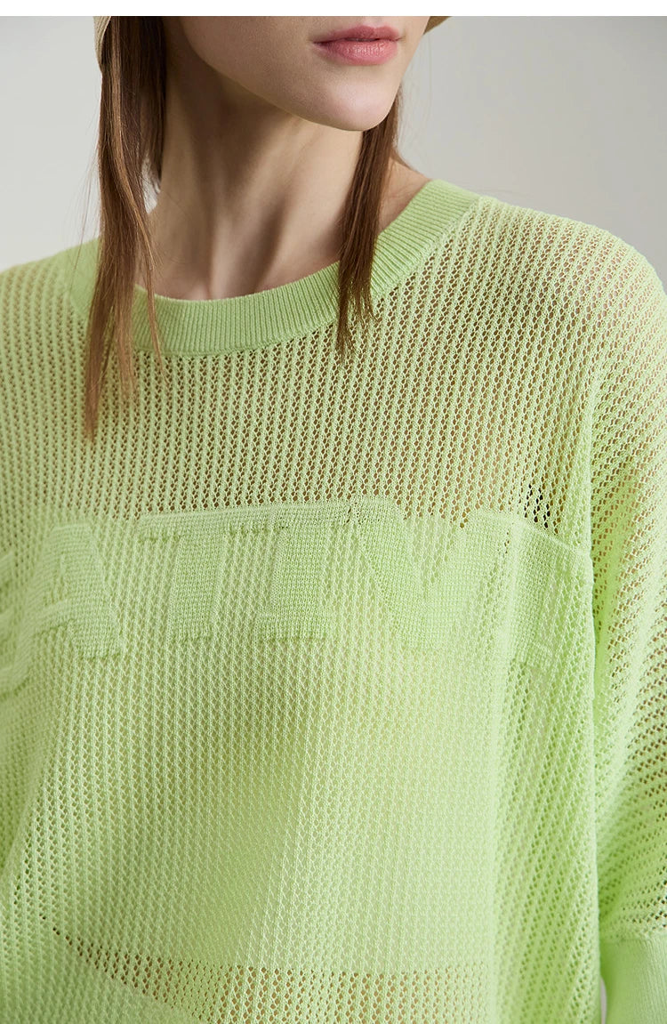Damen-Strickpullover, Rundhalsausschnitt, kurzärmelig, leuchtend grün, transparente Mesh-Optik