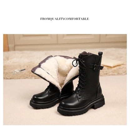 AIYUQI Women Boots Large Size Genuine Leather Thick Wool Warm Winter Biker Boots Women British Style Women Snow Boots