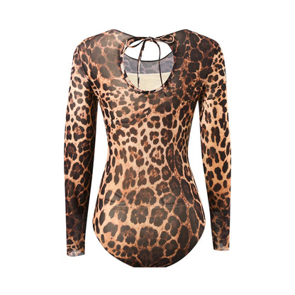Damen Badeanzug Langarm Leopard Cover-Up gepolstert Einteiler