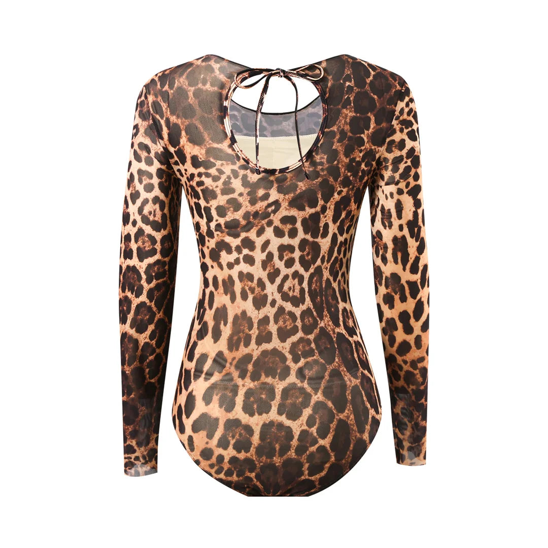 Damen Badeanzug Leopardenmuster Rock Langarm Einteiler hoher Beinausschnitt
