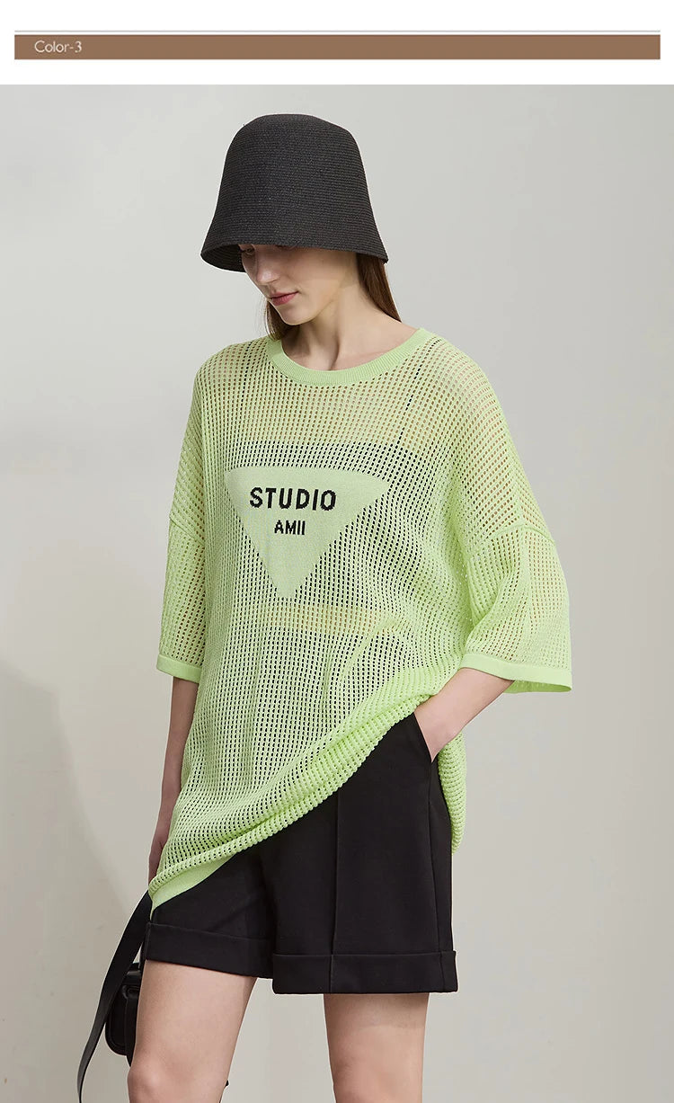 Damen-Rundhalspullover Buchstaben-Jacquard Halbarm locker Sommer