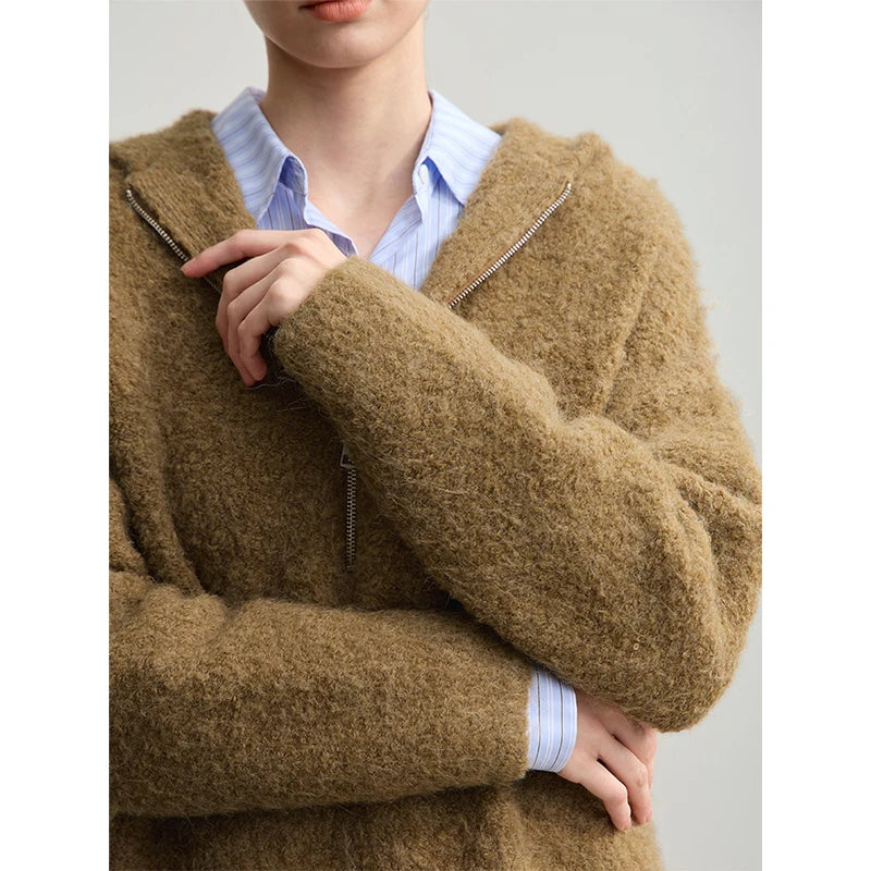 Damen-Kapuzenpullover Wolle Reißverschluss locker dick warm Winter