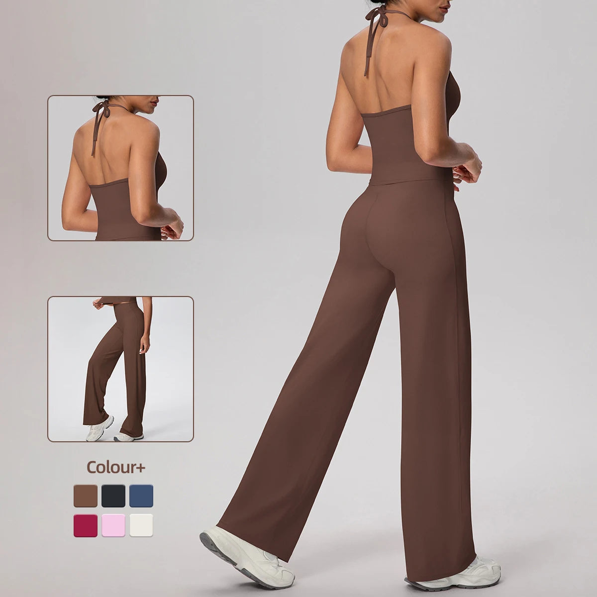 Damen-Yoga-Set rückenfreies Träger-Top und weite Hose, dunkelbraun